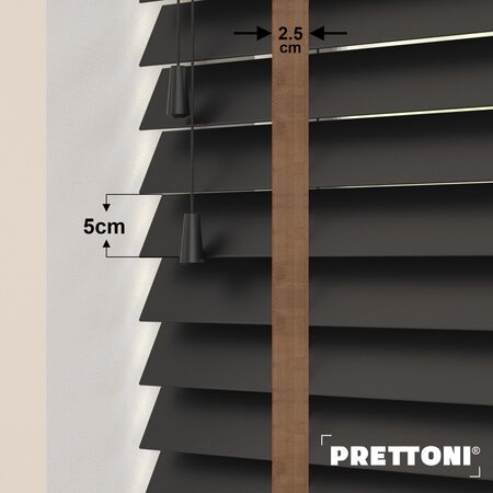 EdBevans - Spectrum Solid Wood Venetian Blind - Mono Onyx 50mm Slat with Chevron Cinnamon 25mm Tape - Prettoni