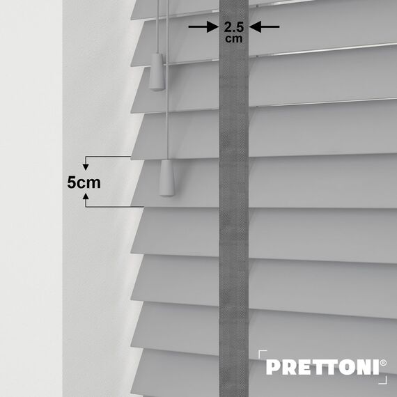 EdBevans - Spectrum Solid Wood Venetian Blind - Mono Grey 50mm Slat with Chevron Monsoon 25mm Tape - Prettoni