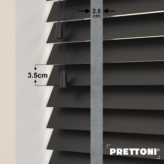 EdBevans - Spectrum Solid Wood Venetian Blind - Mono Onyx 35mm Slat with Chevron Palladium 25mm Tape - Prettoni