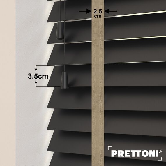 EdBevans - Spectrum Solid Wood Venetian Blind - Mono Onyx 35mm Slat with Chevron Sandrift 25mm Tape - Prettoni