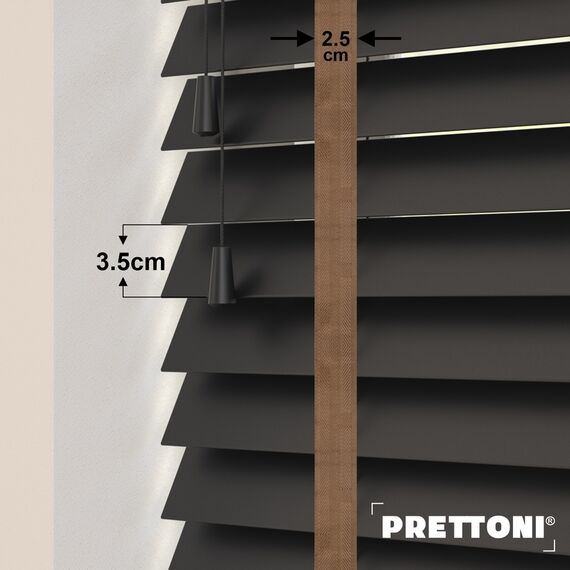 EdBevans - Spectrum Solid Wood Venetian Blind - Mono Onyx 35mm Slat with Chevron Cinnamon 25mm Tape - Prettoni