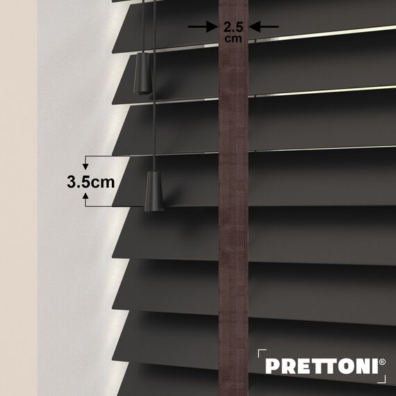 EdBevans - Spectrum Solid Wood Venetian Blind - Mono Onyx 35mm Slat with Chevron Umber 25mm Tape - Prettoni