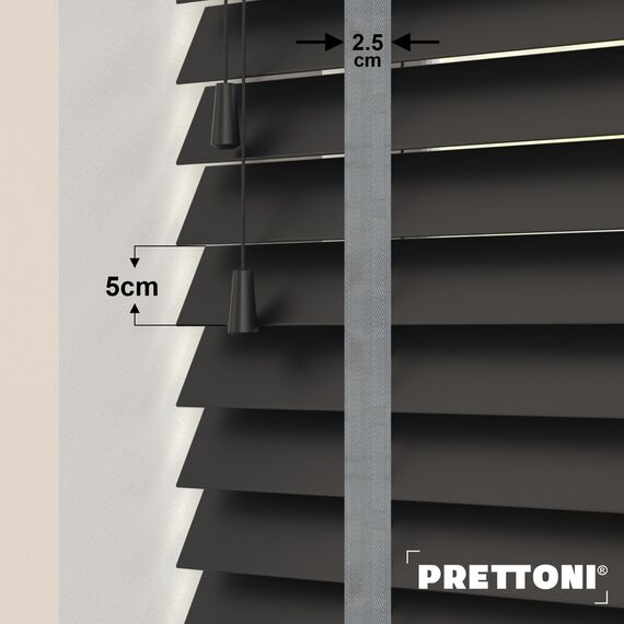 EdBevans - Spectrum Solid Wood Venetian Blind - Mono Onyx 50mm Slat with Chevron Palladium 25mm Tape - Prettoni