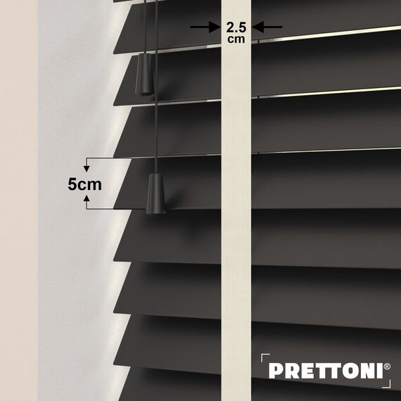 EdBevans - Spectrum Solid Wood Venetian Blind - Mono Onyx 50mm Slat with Chevron Cream 25mm Tape - Prettoni