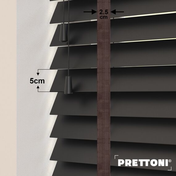 EdBevans - Spectrum Solid Wood Venetian Blind - Mono Onyx 50mm Slat with Chevron Umber 25mm Tape - Prettoni