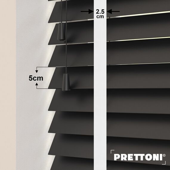 EdBevans - Spectrum Solid Wood Venetian Blind - Mono Onyx 50mm Slat with Chevron Porcelain 25mm Tape - Prettoni