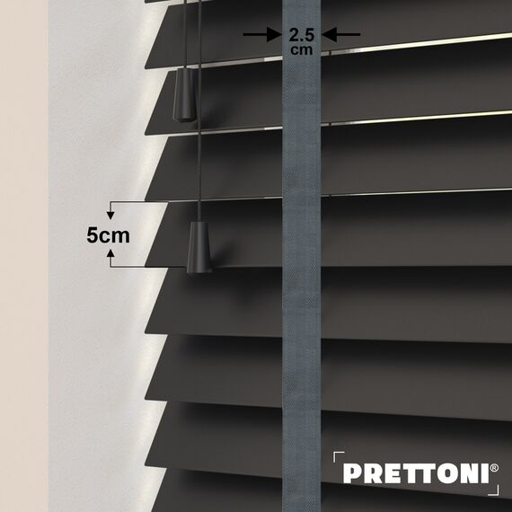 EdBevans - Spectrum Solid Wood Venetian Blind - Mono Onyx 50mm Slat with Chevron Lava 25mm Tape - Prettoni