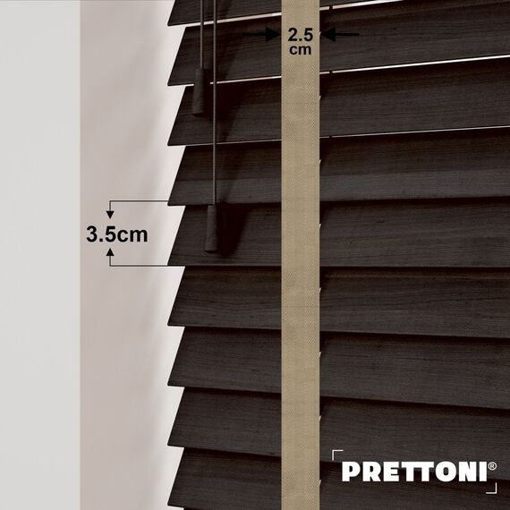 EdBevans - Spectrum Solid Wood Venetian Blind - Mono Bistre 35mm Slat with Chevron Sandrift 25mm Tape - Prettoni