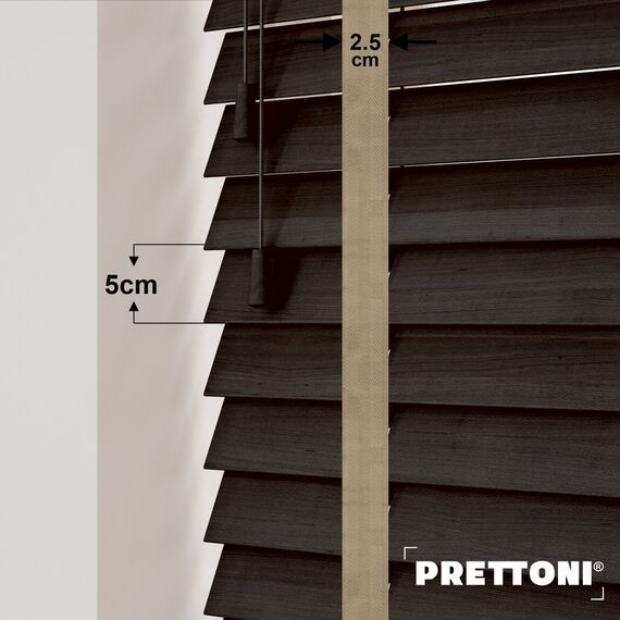 EdBevans - Spectrum Solid Wood Venetian Blind - Mono Bistre 50mm Slat with Chevron Sandrift 25mm Tape - Prettoni