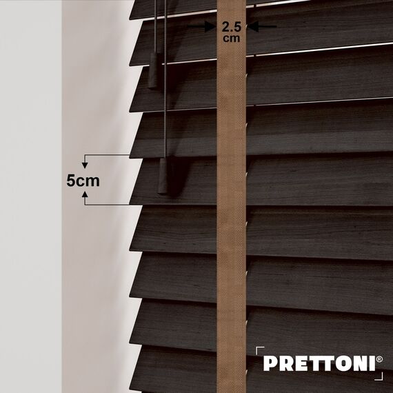 EdBevans - Spectrum Solid Wood Venetian Blind - Mono Bistre 50mm Slat with Chevron Cinnamon 25mm Tape - Prettoni