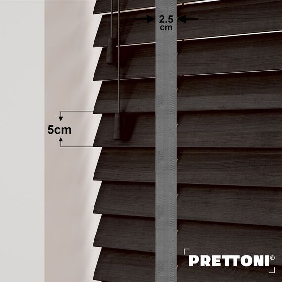 EdBevans - Spectrum Solid Wood Venetian Blind - Mono Bistre 50mm Slat with Chevron Monsoon 25mm Tape - Prettoni