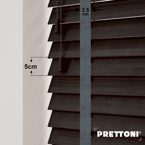 EdBevans - Spectrum Solid Wood Venetian Blind - Mono Bistre 50mm Slat with Chevron Lava 25mm Tape - Prettoni