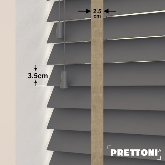EdBevans - Spectrum Solid Wood Venetian Blind - Mono Graphite 35mm Slat with Chevron Sandrift 25mm Tape - Prettoni
