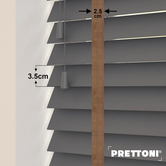 EdBevans - Spectrum Solid Wood Venetian Blind - Mono Graphite 35mm Slat with Chevron Cinnamon 25mm Tape - Prettoni