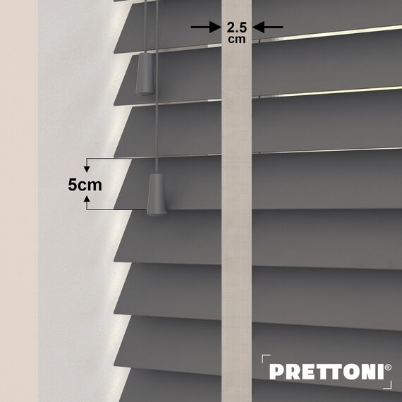 EdBevans - Spectrum Solid Wood Venetian Blind - Mono Graphite 50mm Slat with Chevron Moccasin 25mm Tape - Prettoni