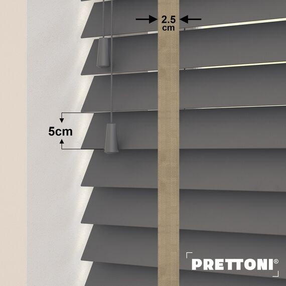 EdBevans - Spectrum Solid Wood Venetian Blind - Mono Graphite 50mm Slat with Chevron Sandrift 25mm Tape - Prettoni