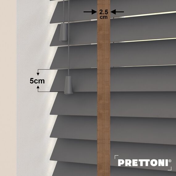 EdBevans - Spectrum Solid Wood Venetian Blind - Mono Graphite 50mm Slat with Chevron Cinnamon 25mm Tape - Prettoni