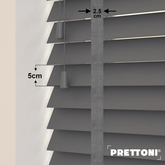 EdBevans - Spectrum Solid Wood Venetian Blind - Mono Graphite 50mm Slat with Chevron Monsoon 25mm Tape - Prettoni