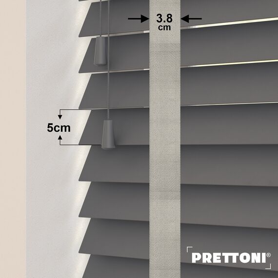 EdBevans - Spectrum Solid Wood Venetian Blind - Mono Graphite 50mm Slat with Woven Ethereal 38mm Tape - Prettoni