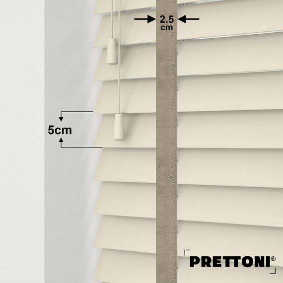 EdBevans - Spectrum Solid Wood Venetian Blind - Mono Cream 50mm Slat with Chevron Stonewall 25mm Tape - Prettoni