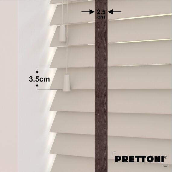 EdBevans - Spectrum Solid Wood Venetian Blind - Mono Beige 35mm Slat with Chevron Umber 25mm Tape - Prettoni