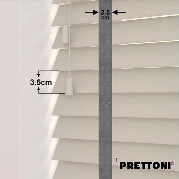 EdBevans - Spectrum Solid Wood Venetian Blind - Mono Beige 35mm Slat with Chevron Monsoon 25mm Tape - Prettoni