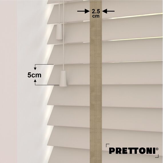 EdBevans - Spectrum Solid Wood Venetian Blind - Mono Beige 50mm Slat with Chevron Sandrift 25mm Tape - Prettoni