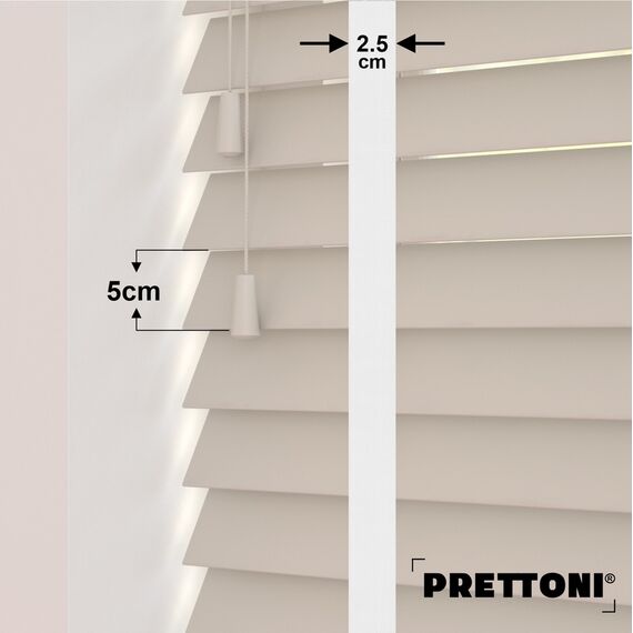 EdBevans - Spectrum Solid Wood Venetian Blind - Mono Beige 50mm Slat with Chevron Porcelain 25mm Tape - Prettoni