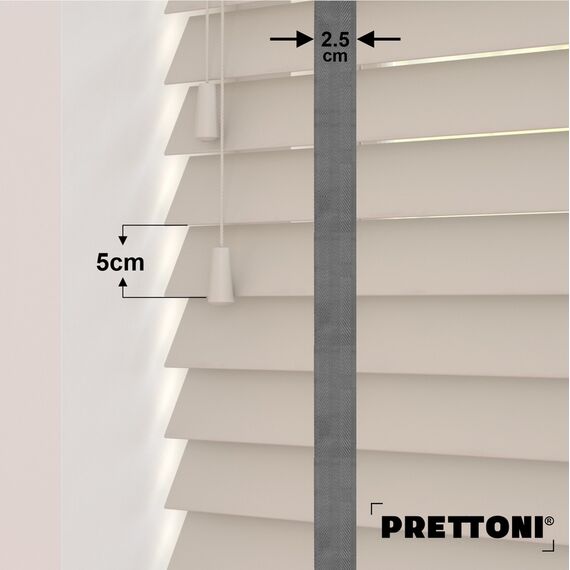 EdBevans - Spectrum Solid Wood Venetian Blind - Mono Beige 50mm Slat with Chevron Monsoon 25mm Tape - Prettoni